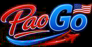 PaoGo neon sign logo con texto rojo y azul, bandera estadounidense y avión rojo sobre fondo negro